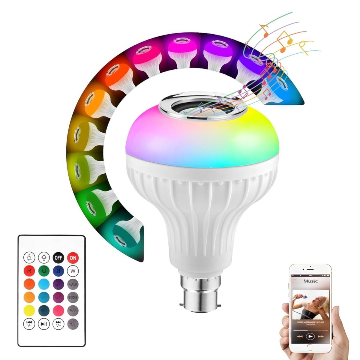 RGB Bluetooth Music Bulb - 12W Color-Changing LED Speaker Light with Remote - Image 1