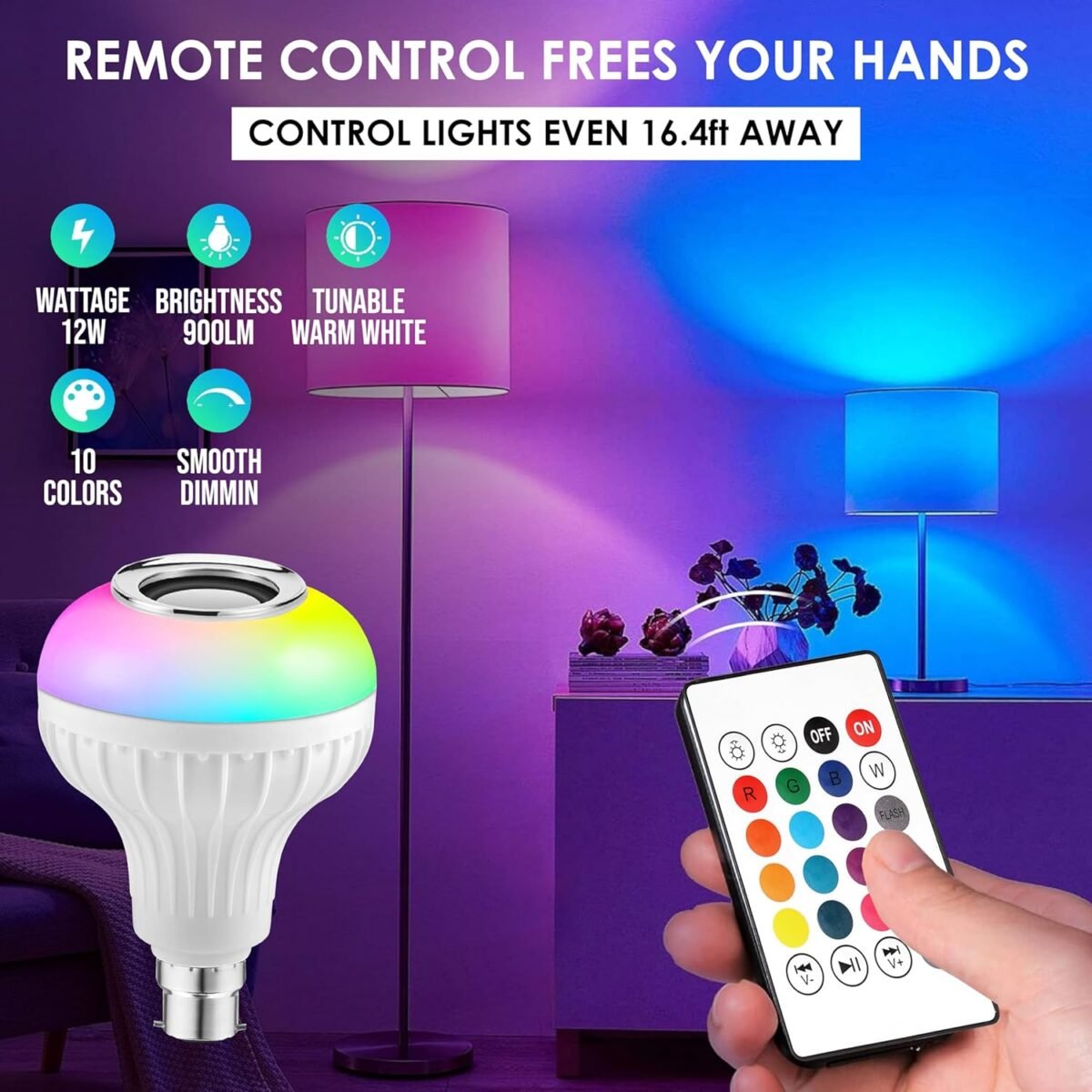 RGB Bluetooth Music Bulb - 12W Color-Changing LED Speaker Light with Remote - Image 3