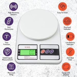 Digital kitchen scale with a round weighing platform and a green LCD display. Features include high accuracy sensors, unit conversion, tare function, solid/liquid measurement, and more, highlighted with colorful icons around the scale. Capacity: 10kg. | MySmartiee