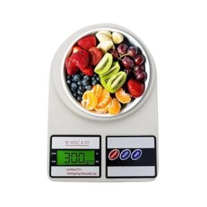 Digital kitchen scale with a bowl of mixed fruits, including strawberries, kiwi slices, blueberries, grapes, and orange segments. The scales display reads 320 gm. | MySmartiee