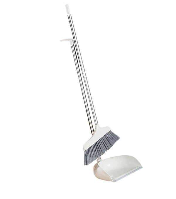 Long Handle Dustpan & Broom Set - Includes 2 Sponge Scrubbers (Hard Floor Use)