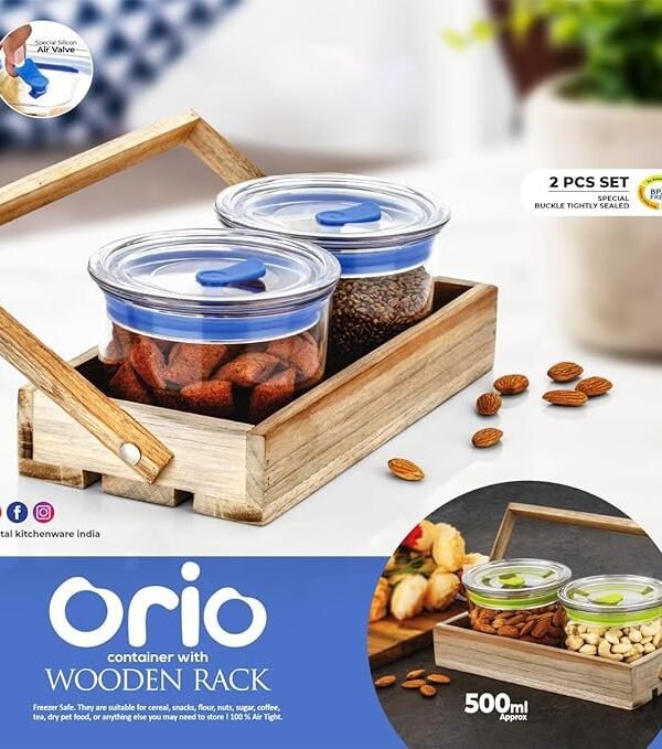 Transparent Kitchen Storage Container 500ml with Wooden Rack, Round Design Jar Set