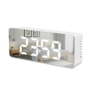 Digital alarm clock with mirrored surface showing the time as 23:59. The reflection displays a cozy bedroom with a bed, nightstand, and hanging lights. The clock has a white rectangular design and ventilated sides. | MySmartiee