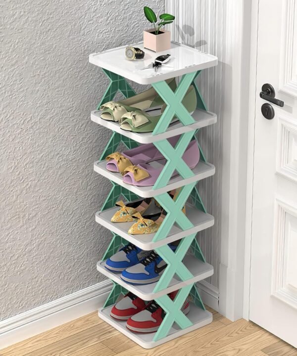 6-Layer Adjustable Shoe Rack, Plastic Stackable Storage Organizer for Shoes & Books