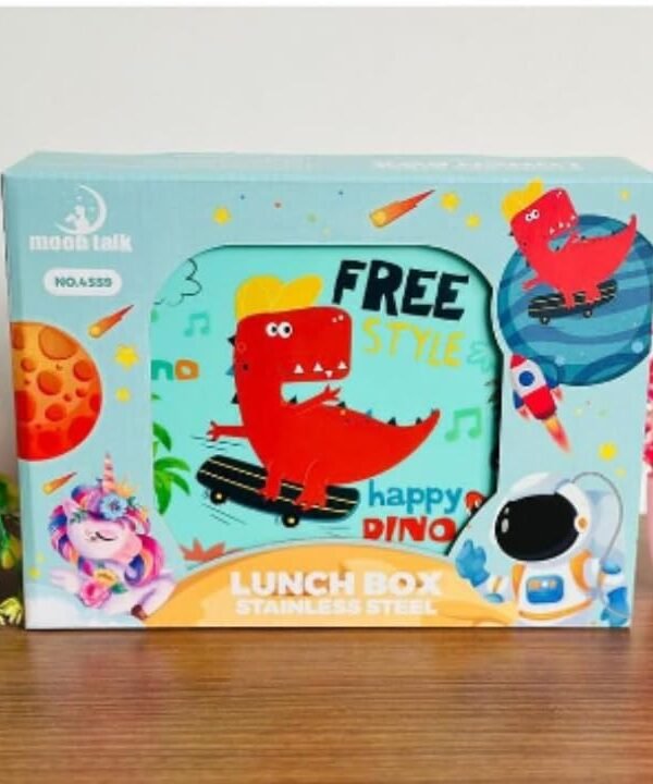 Super Shine Stainless Steel Lunch Box Dino Design | 3 Compartment Leakproof Lunchbox with Spoon