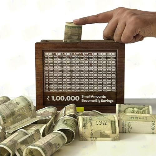 Wooden Piggy Bank for Kids & Adults, Chandan Wood Coin Box with Carved Design, Money Saver